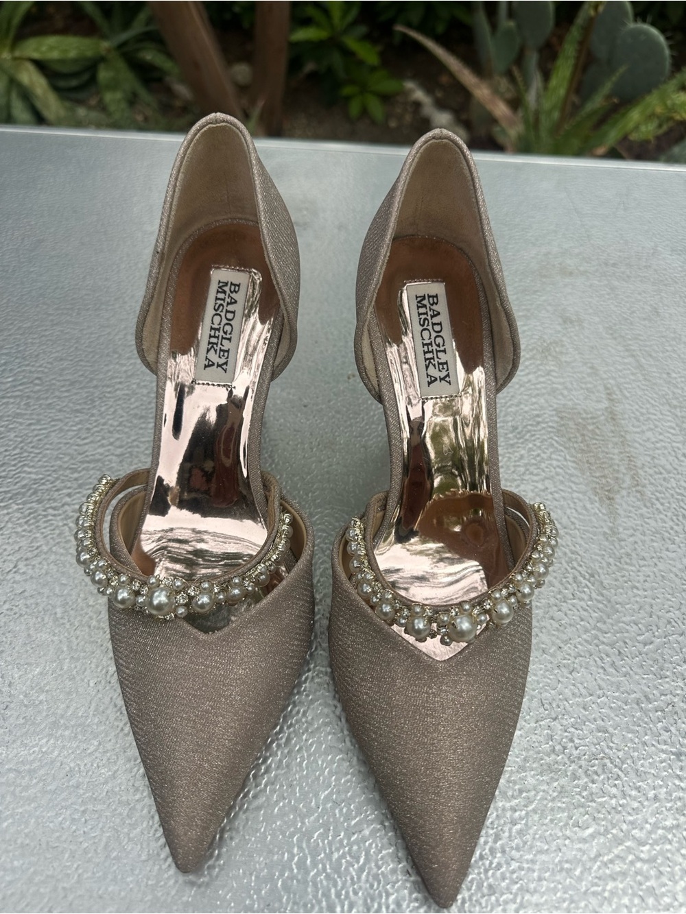 Badgley Mischka Champagne Glitter Pointed D'Orsay Heels with Pearl Trim
